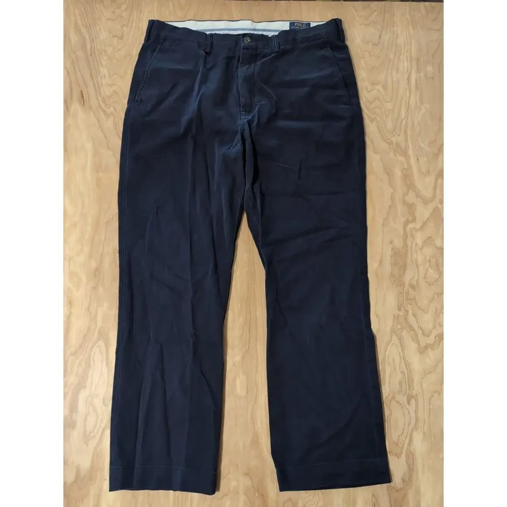 Polo Ralph Lauren Men's Flat Front Navy Blue Straight Bold‎ Logo Pants 36x30